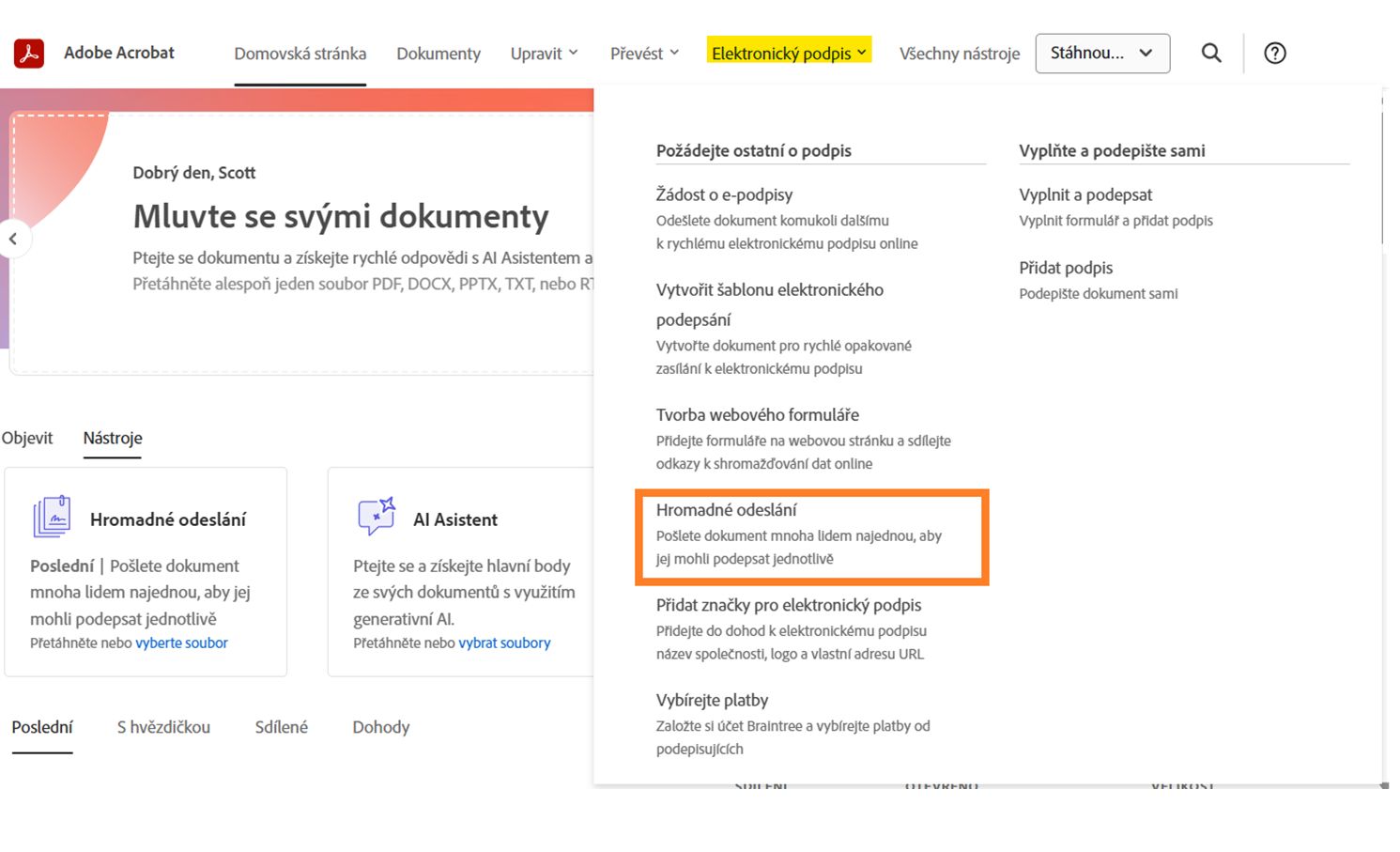 Rozbalovací nabídka E-sign zvýrazňující možnost Hromadné odesílání