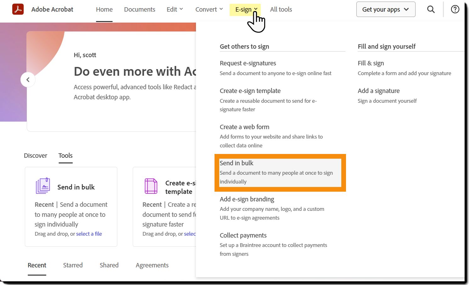 Das Dropdown-Menü E-Signatur mit hervorgehobener Option „Massenversand“
