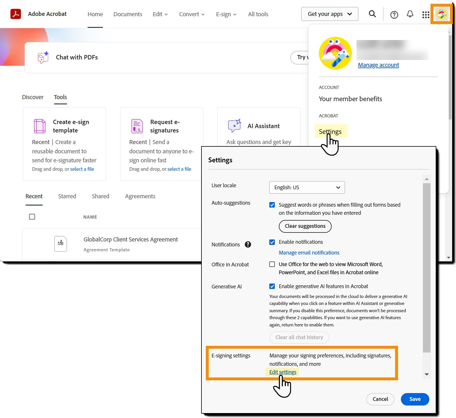 Page d’accueil avec le menu Profil personnel développé.
