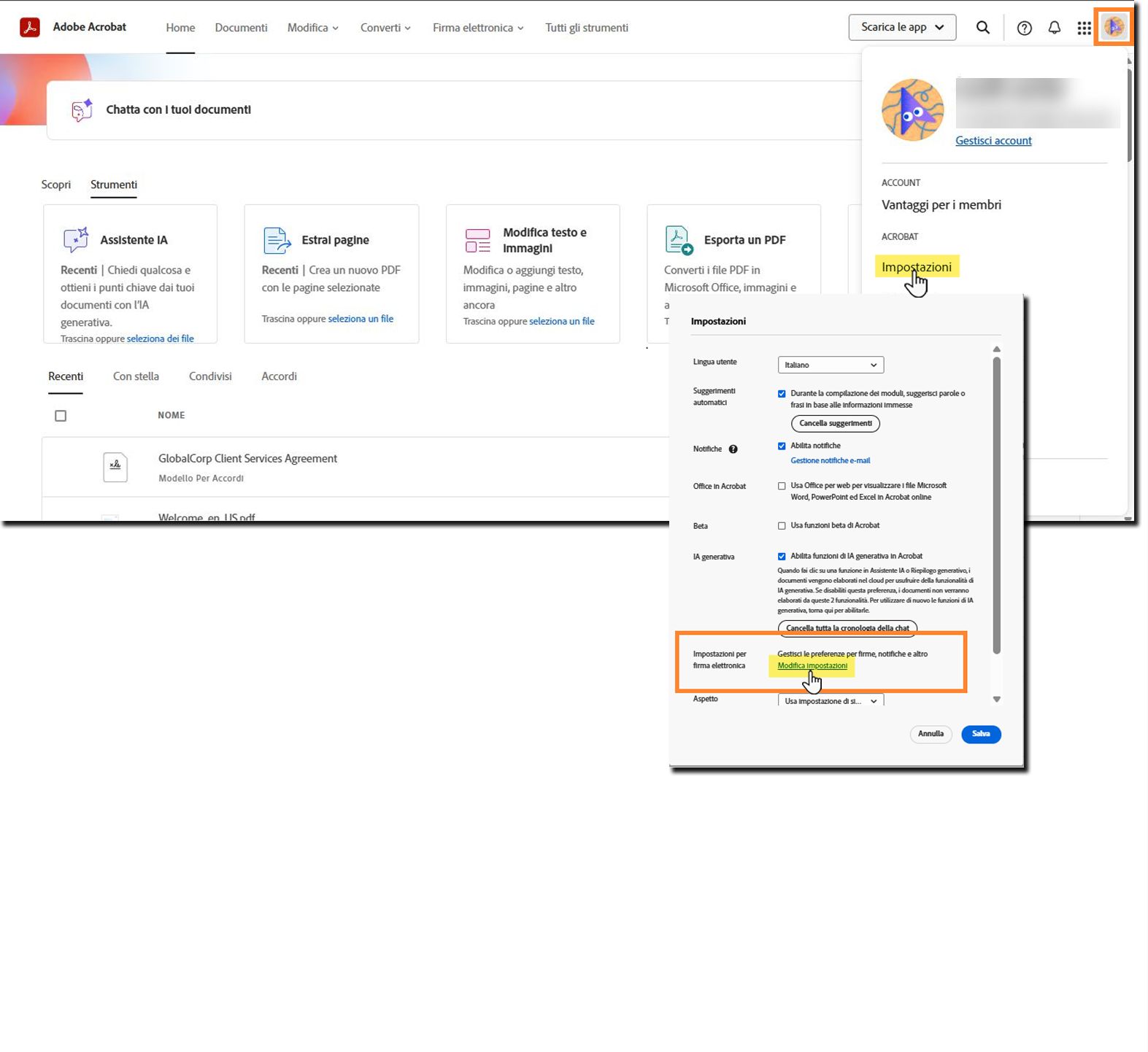 Pagina Home con il menu del profilo personale espanso.