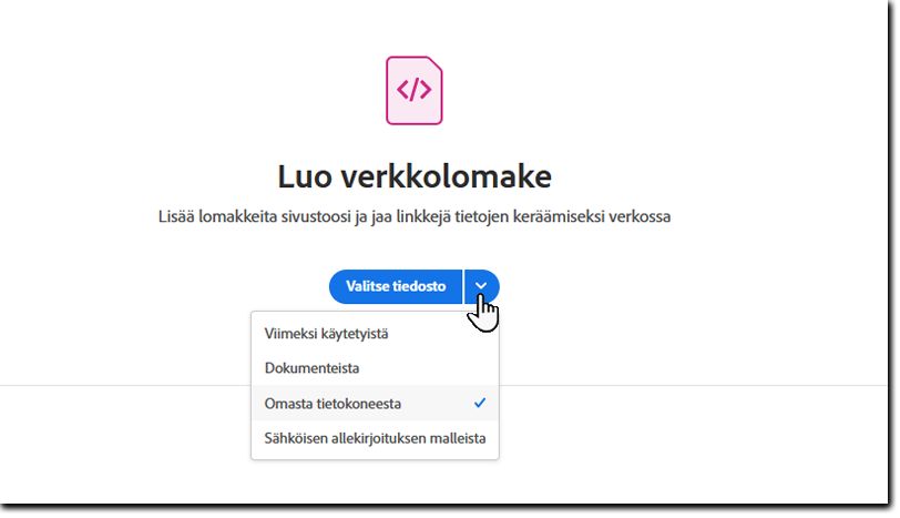 Valitse tiedosto verkkolomakkeelle