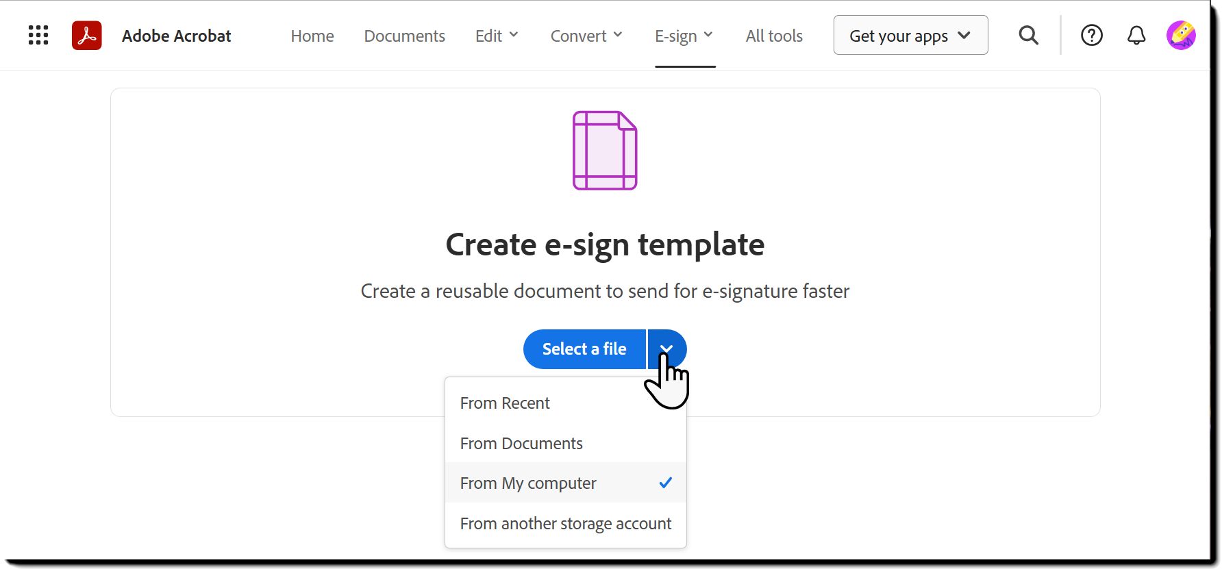 La page de chargement Créer un modèle de signature électronique