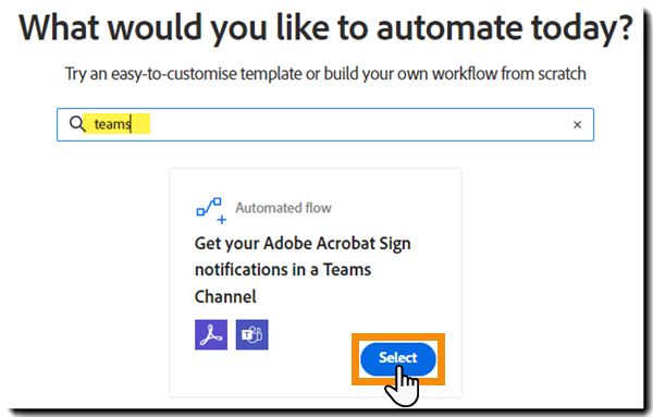 検索結果と「開始」ボタンがハイライト表示されたワークフローの作成ページ