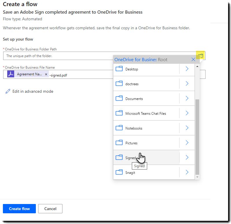 Velg en mappe i OneDrive