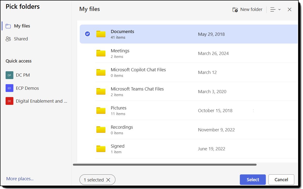 Listahan ng mga SharePoint folder na may isang naka-select.