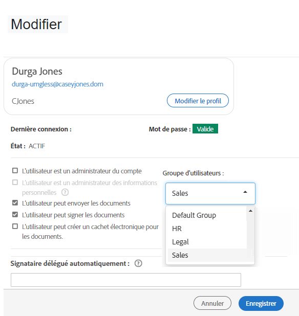 Profil utilisateur avec la liste des groupes développée.