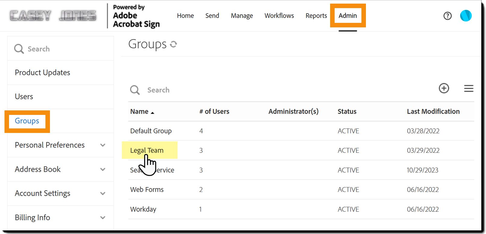 Il menu Admin con Groups evidenziato.