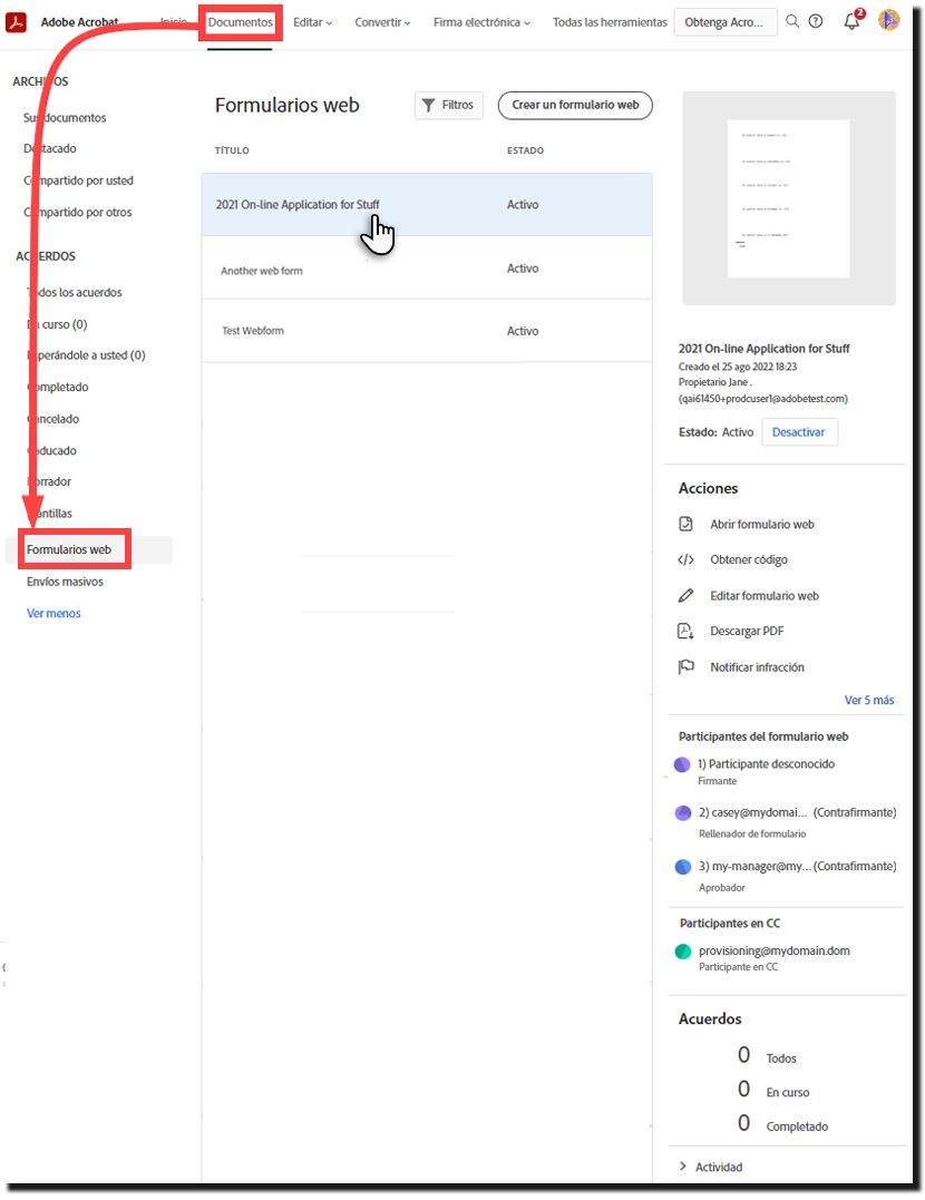 Formulario web en la página Administrar