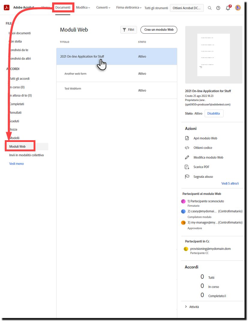 Modulo Web nella pagina Gestisci