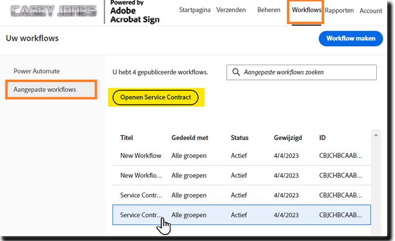 Een workflow selecteren om te bewerken