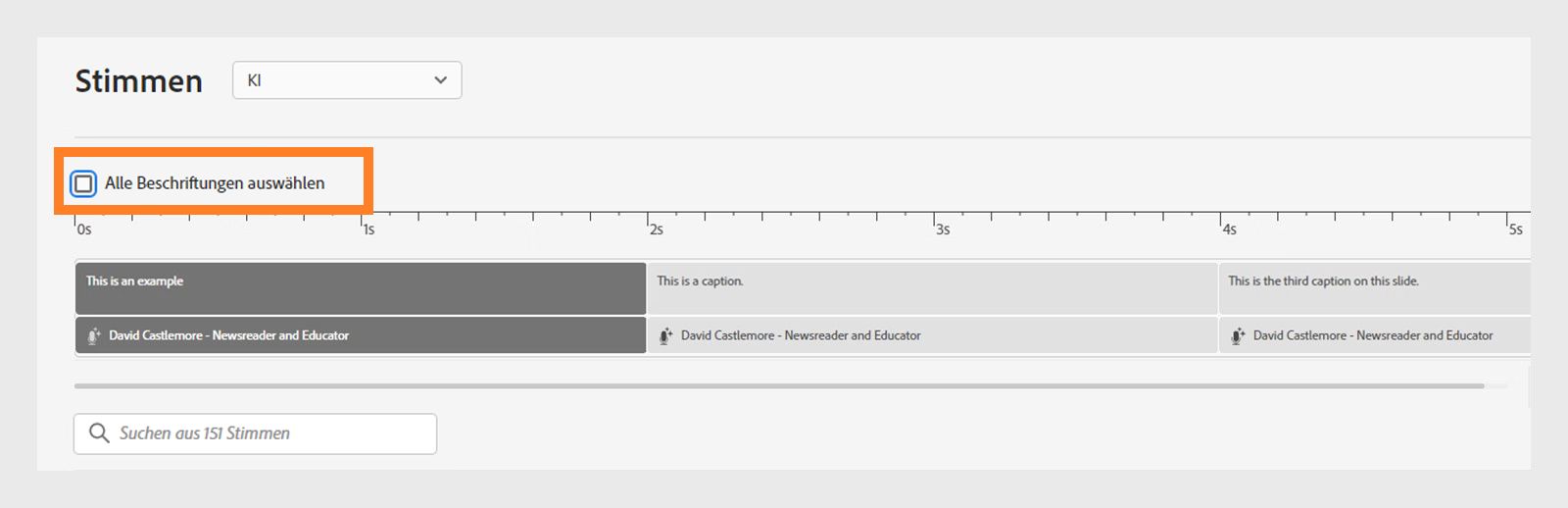 Dieses Bild zeigt, wie alle Untertitel im Sprachbedienfeld ausgewählt werden.