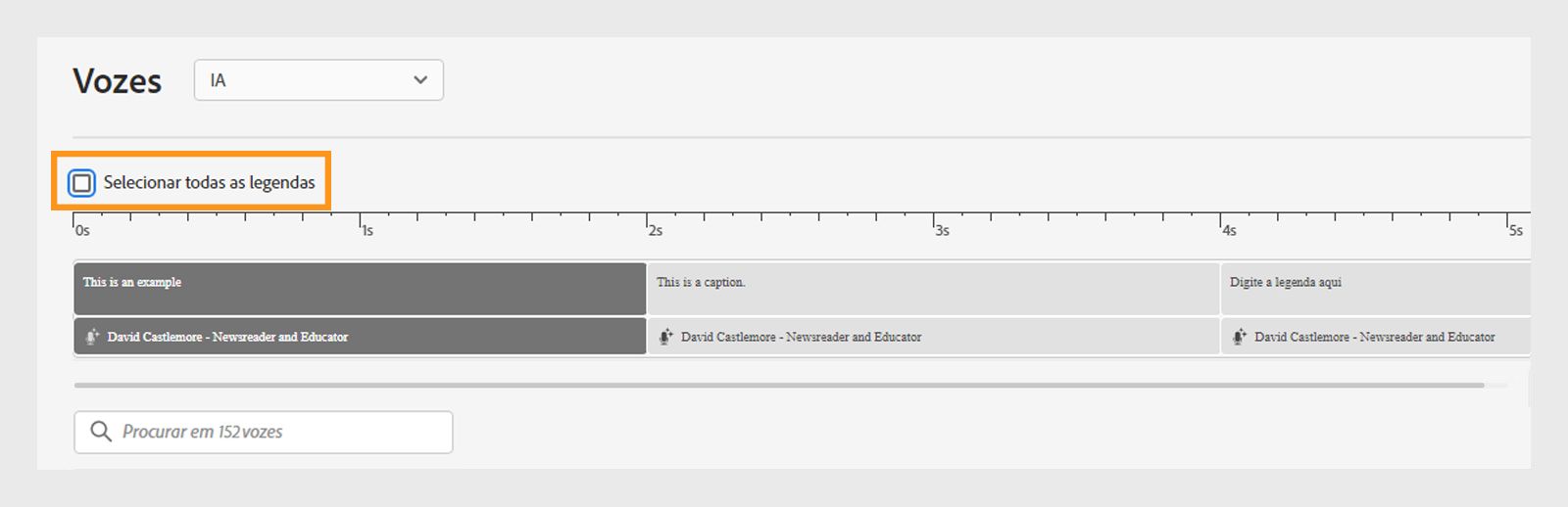 Esta imagem mostra como selecionar todas as legendas no painel de vozes.