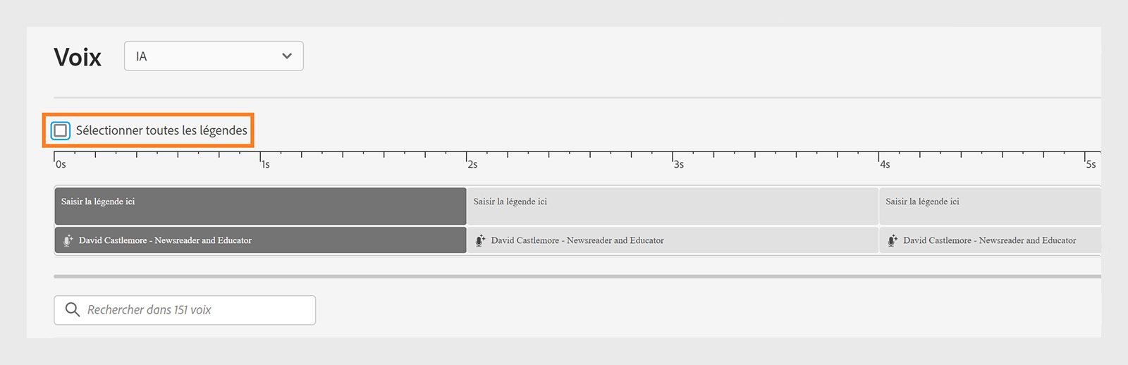 Image illustrant la sélection de tous les sous-titres dans le panneau des voix.