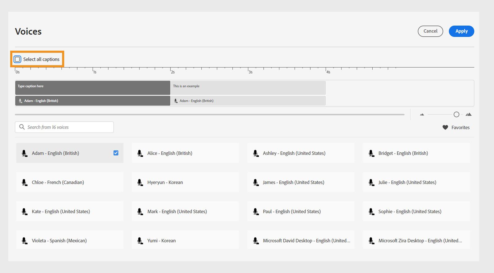 This image shows how to select all captions in the voices panel.