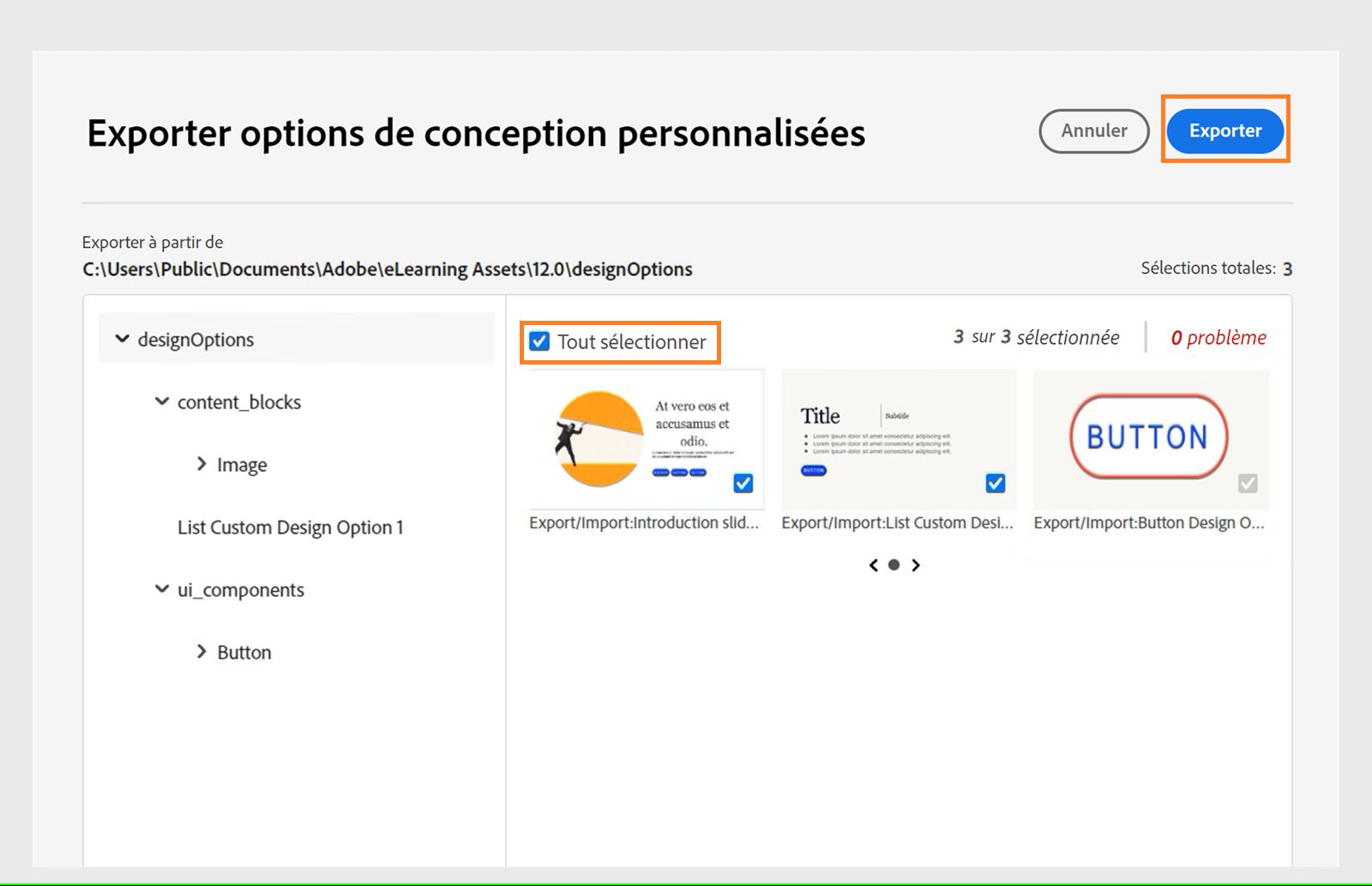 Sélection de toutes les conceptions personnalisées à exporter