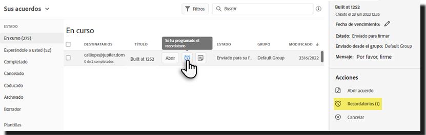Seleccione el icono de recordatorio