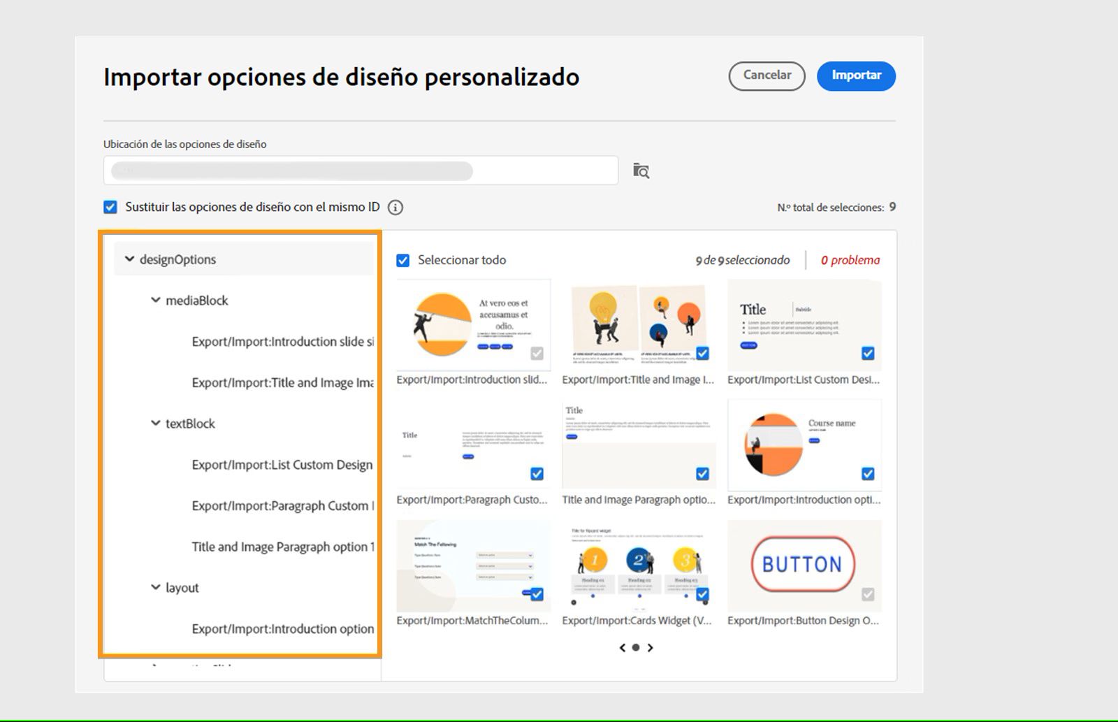 Seleccionar e importar opciones de diseño personalizadas