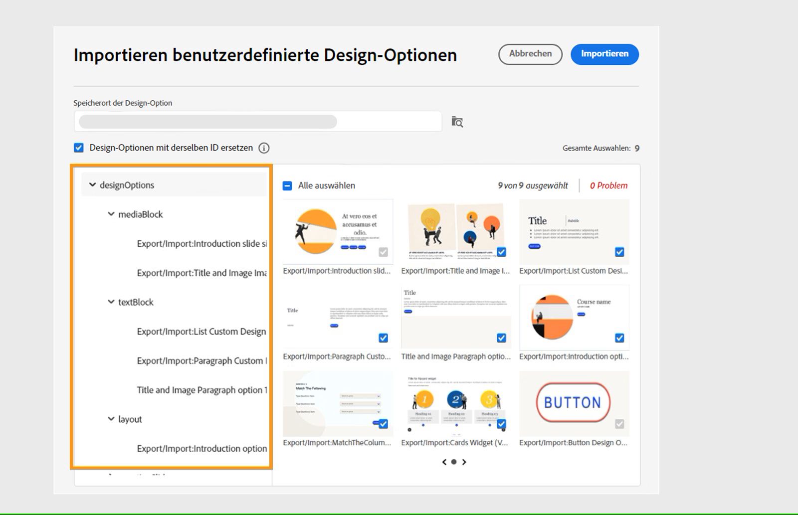 Auswählen und Importieren benutzerdefinierter Design-Optionen