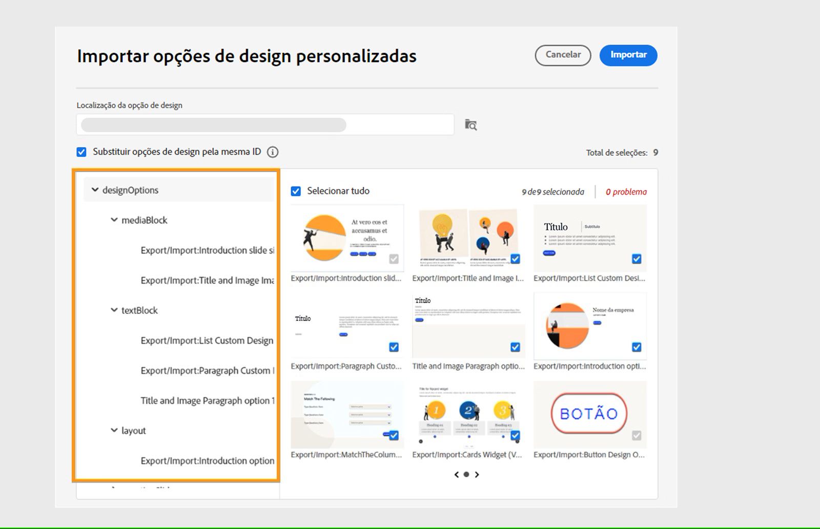 Selecionar e importar opções de design personalizado