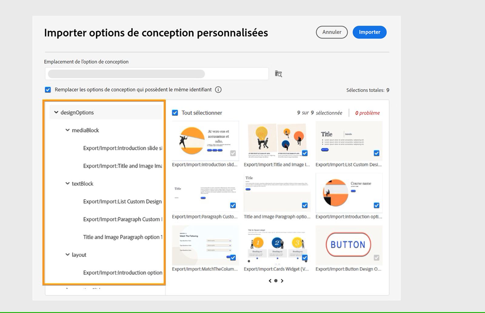 Sélection et importation d’options de conception personnalisées