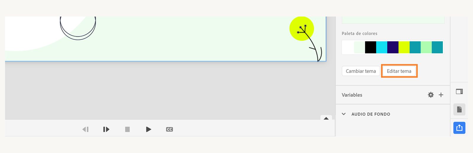 Seleccione Editar tema para cambiar el nombre de un ajuste preestablecido.
