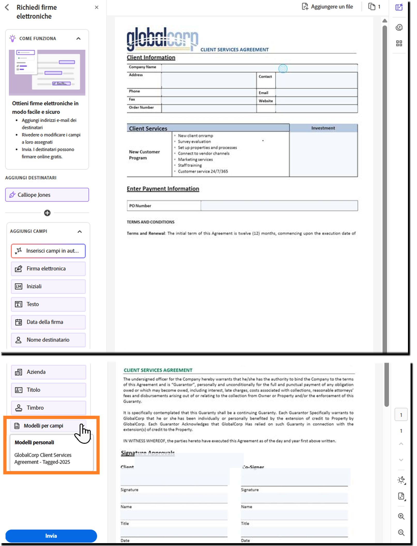 La pagina di authoring con il menu a discesa Modelli di campo espanso.