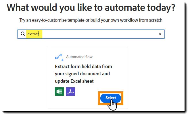 検索結果と「開始」ボタンがハイライト表示されたワークフローの作成ページ