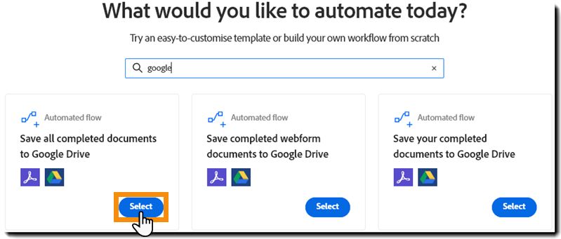 Page Créer un workflow affichant les résultats de recherche et le bouton Sélectionner en surbrillance