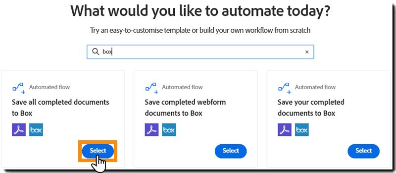 Seite „Workflow erstellen“ mit Suchergebnissen und der hervorgehobenen Schaltfläche „Start“