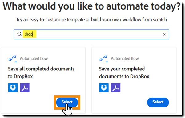 Seite „Workflow erstellen“ mit Suchergebnissen und der hervorgehobenen Schaltfläche „Start“