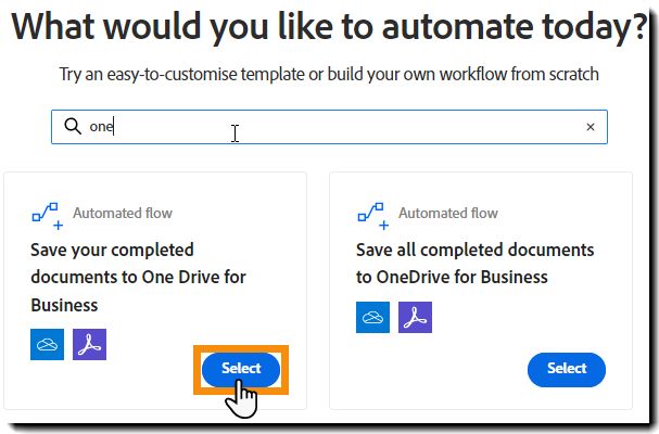 Seite „Workflow erstellen“ mit Suchergebnissen und der hervorgehobenen Schaltfläche „Start“