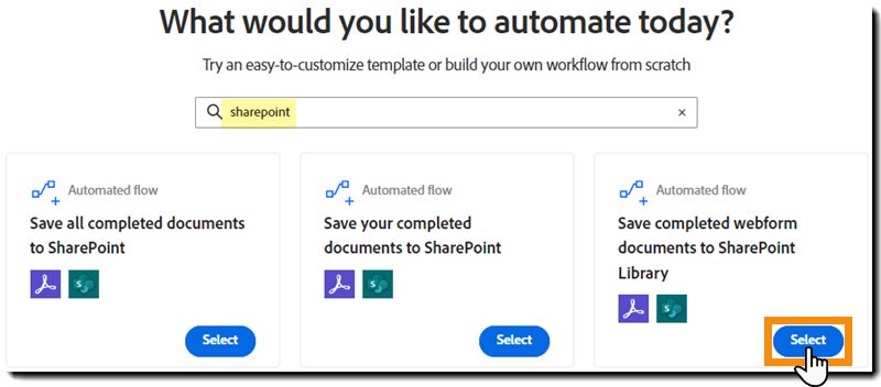 Page Créer un workflow affichant les résultats de recherche et le bouton Sélectionner en surbrillance