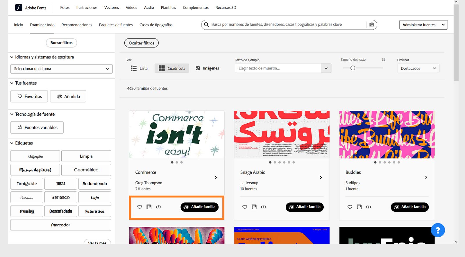 Seleccionar una familia de fuentes de Adobe Fonts
