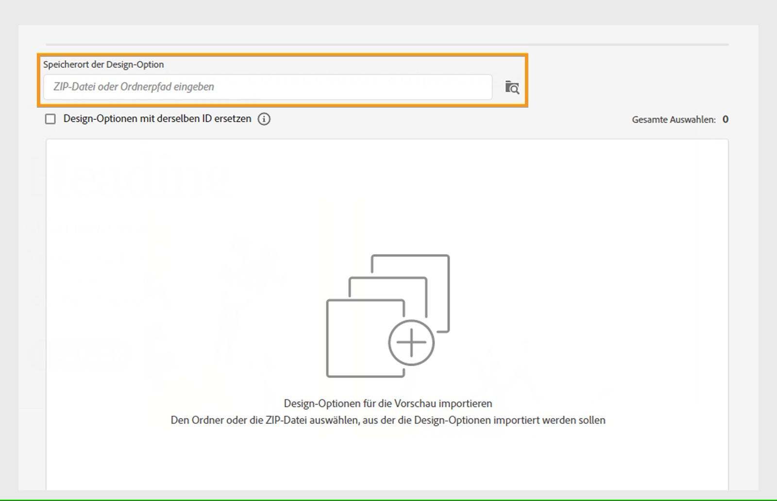 Suchen und Auswählen benutzerdefinierter Design-Optionen für den Import