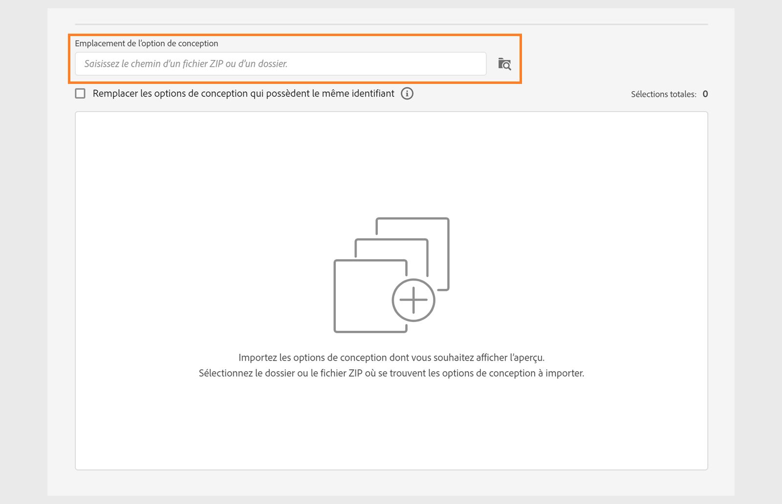 Recherche et sélection des options de conception personnalisées à importer