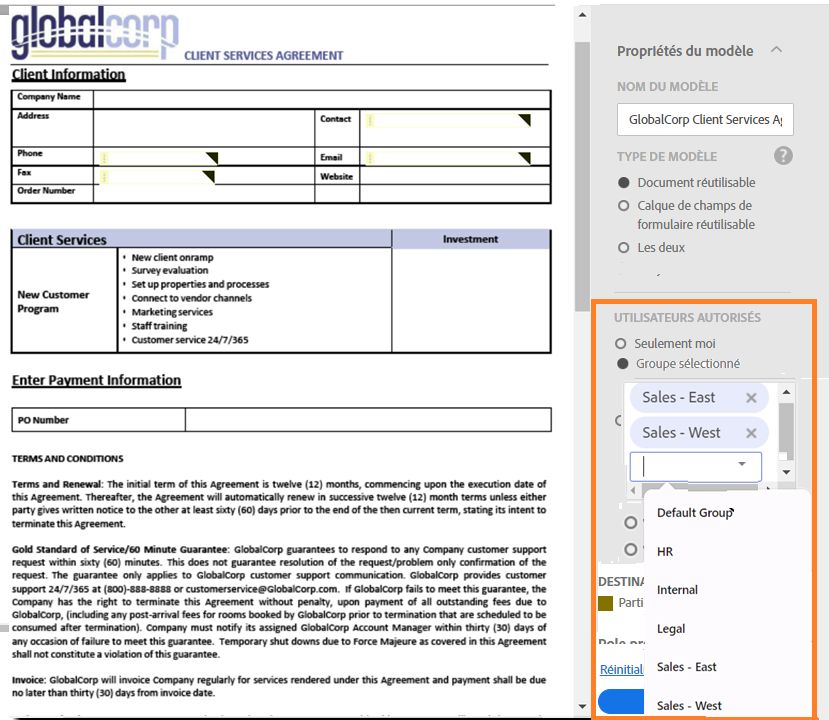 Exemple d’un modèle sur la page Gérer avec les propriétés du modèle ouvertes et l’option de sélections multiples pour les groupes mise en évidence.