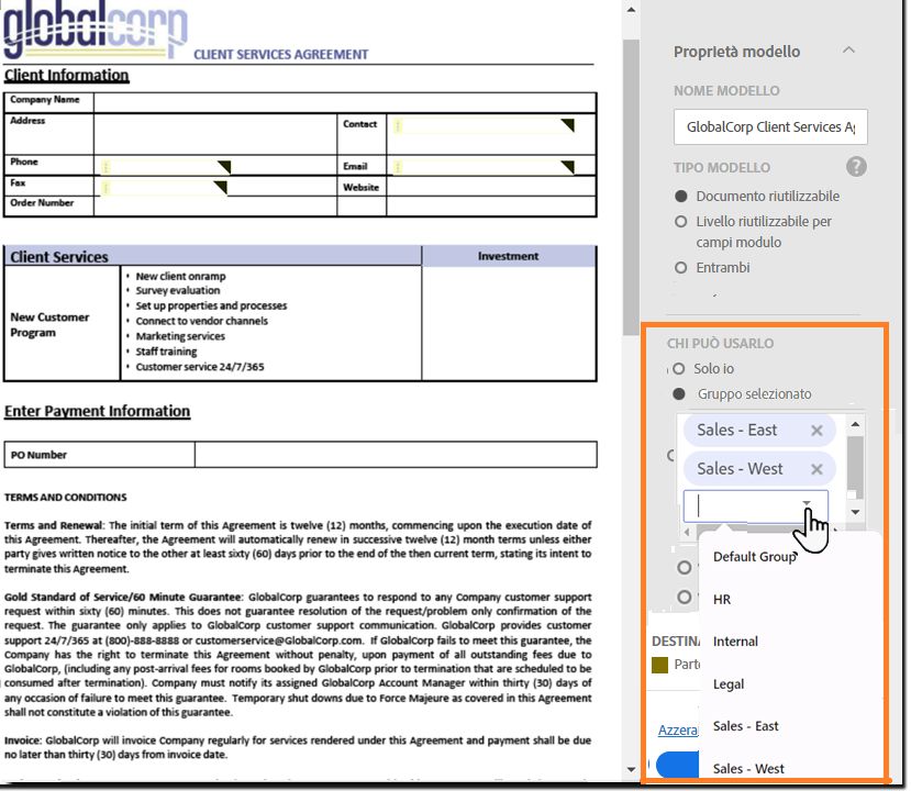 Esempio di un modello nella pagina Gestisci con le proprietà del modello aperte e l’opzione di selezione più opzioni per i gruppi evidenziata.