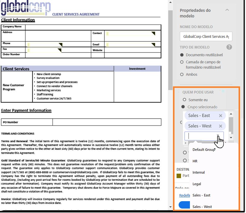 Um exemplo de um modelo na página Gerenciar com as propriedades do modelo abertas e a opção de seleção múltipla para grupos realçada.