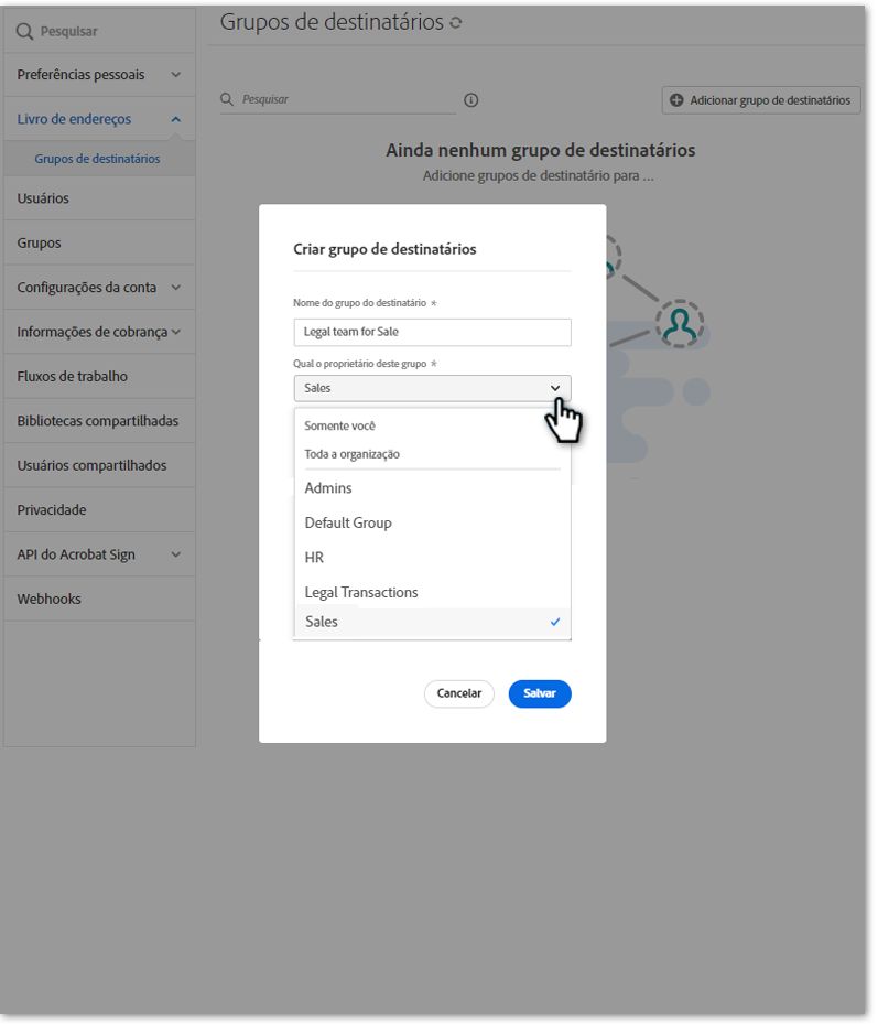 O painel de configuração expandido que mostra todas as opções de um administrador de conta