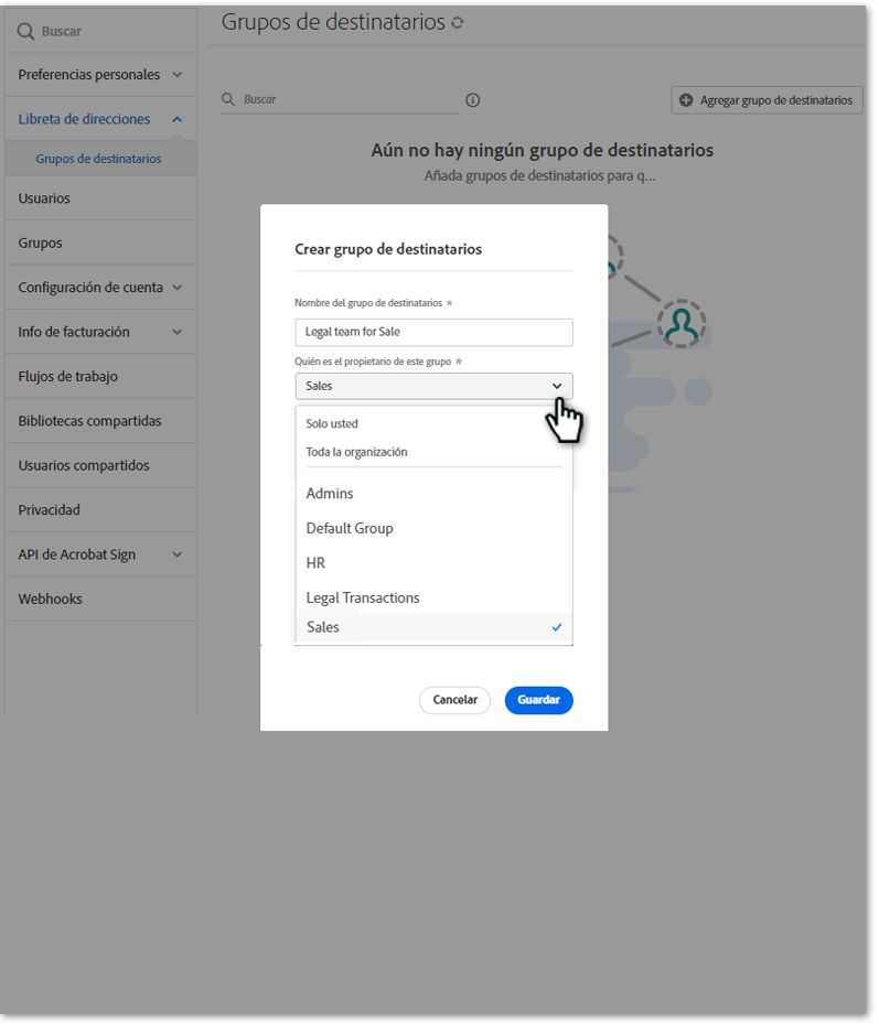 El panel de configuración expandido muestra todas las opciones para un administrador de cuentas