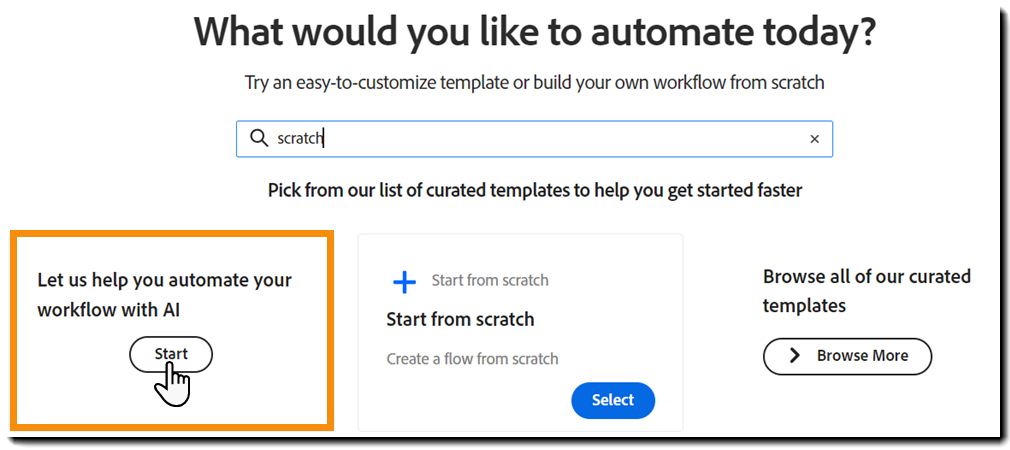 Power Automate 模板选择器页面，其中突出显示了 AI 选项