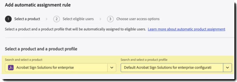 Selecione o perfil do Acrobat Sign e o perfil de produto associado