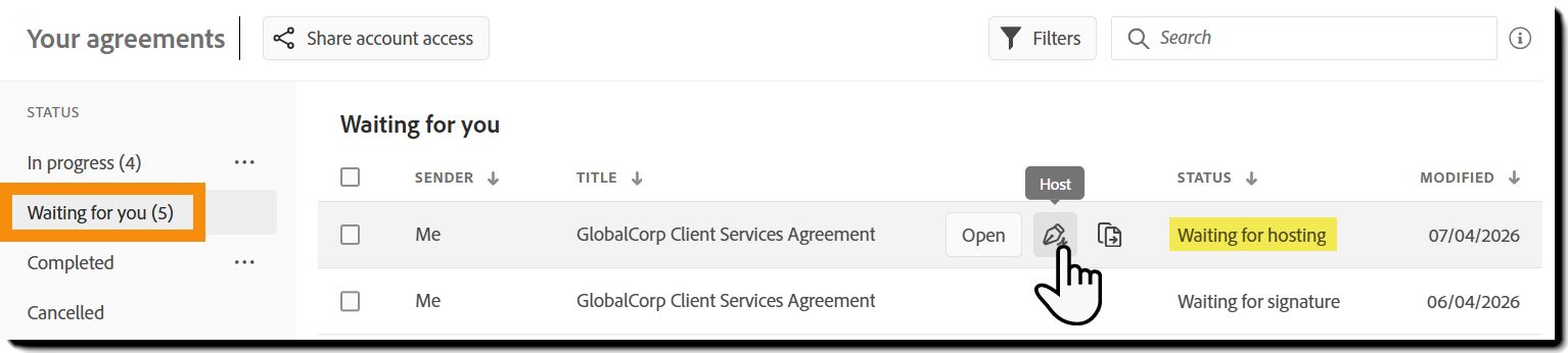 Il filtro "In attesa di te" nella pagina Gestisci che evidenzia un accordo in attesa di hosting