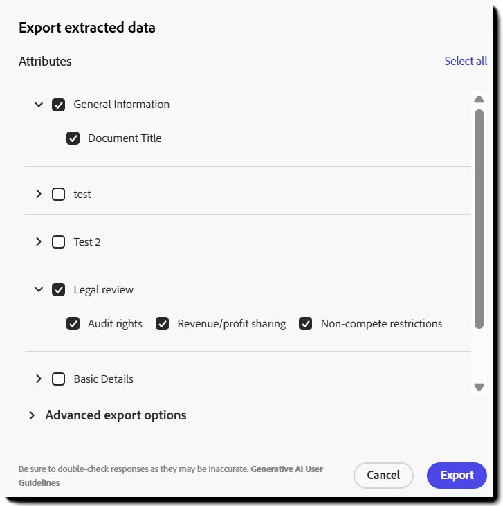 Het paneel Geëxtraheerde gegevens exporteren met meerdere attributen geselecteerd voor export.