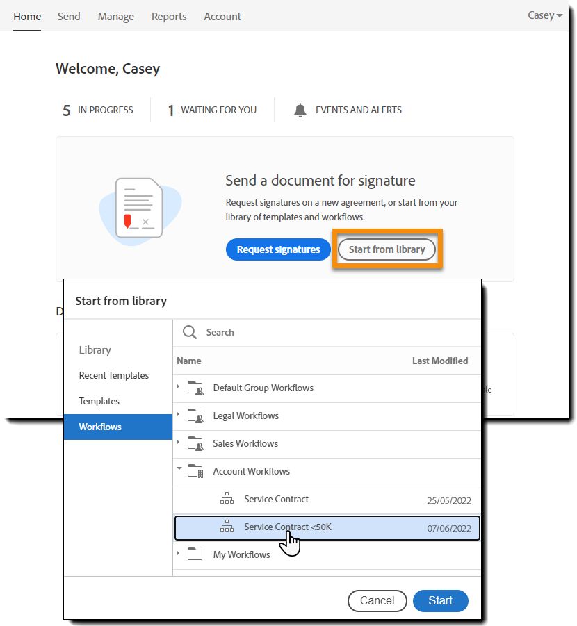 Een workflow versturen vanaf de startpagina