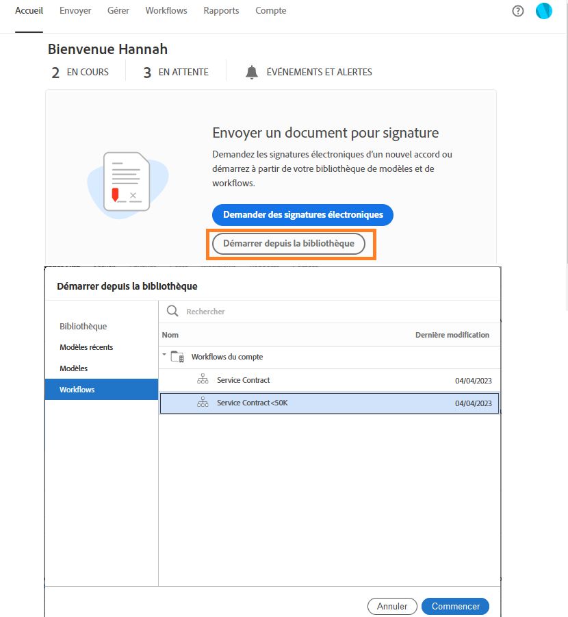 Envoi d’un workflow depuis la page d’accueil