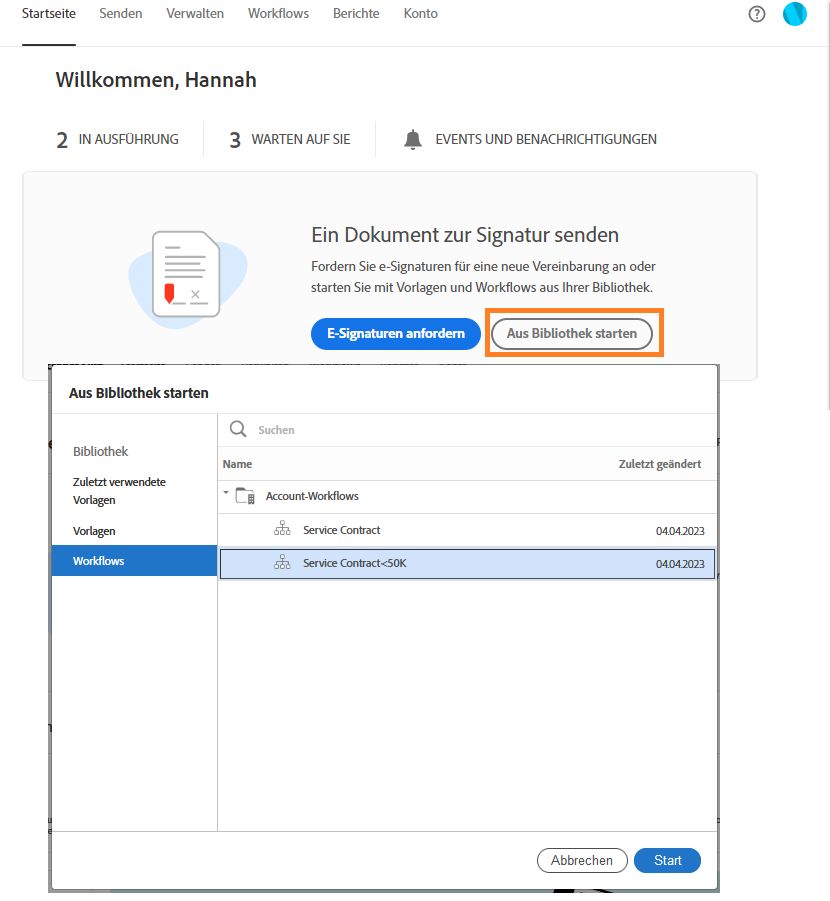 Einen Arbeitsablauf von der Startseite aus senden