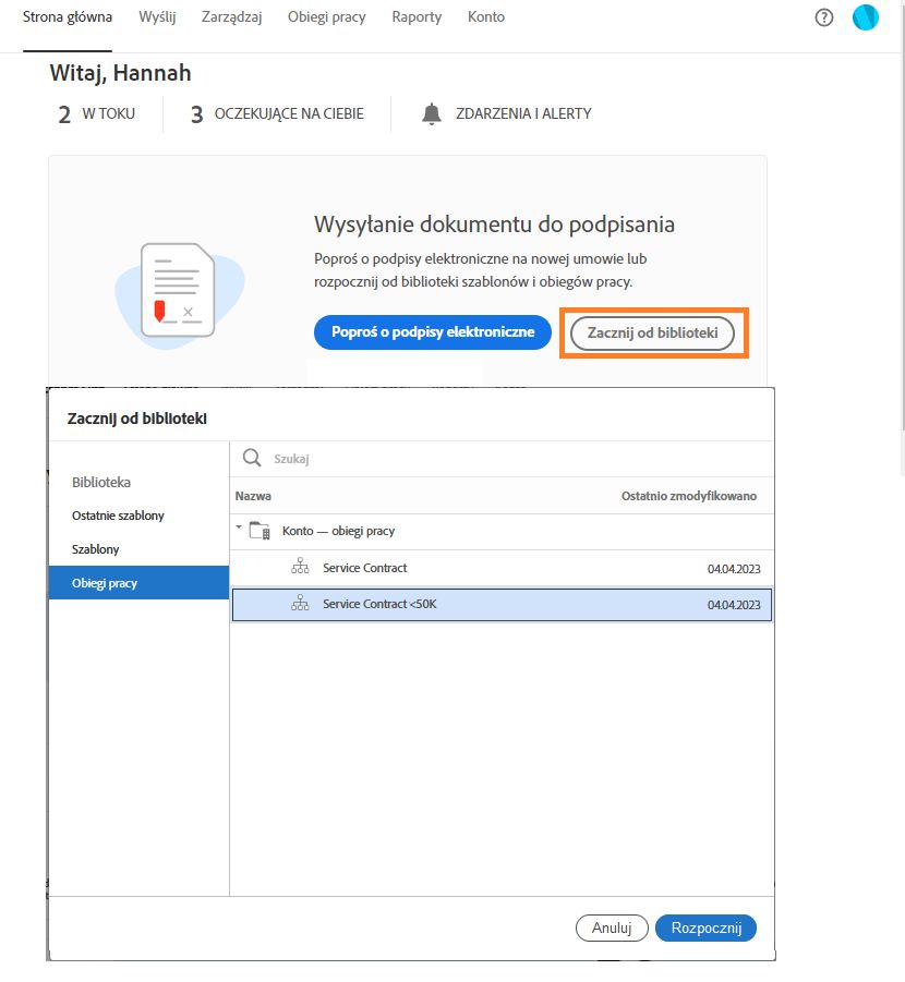 Wyślij obieg pracy ze strony głównej