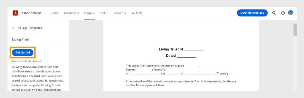 Siden for forhåndsvisning av mal vises, og alternativet Kom i gang er uthevet.