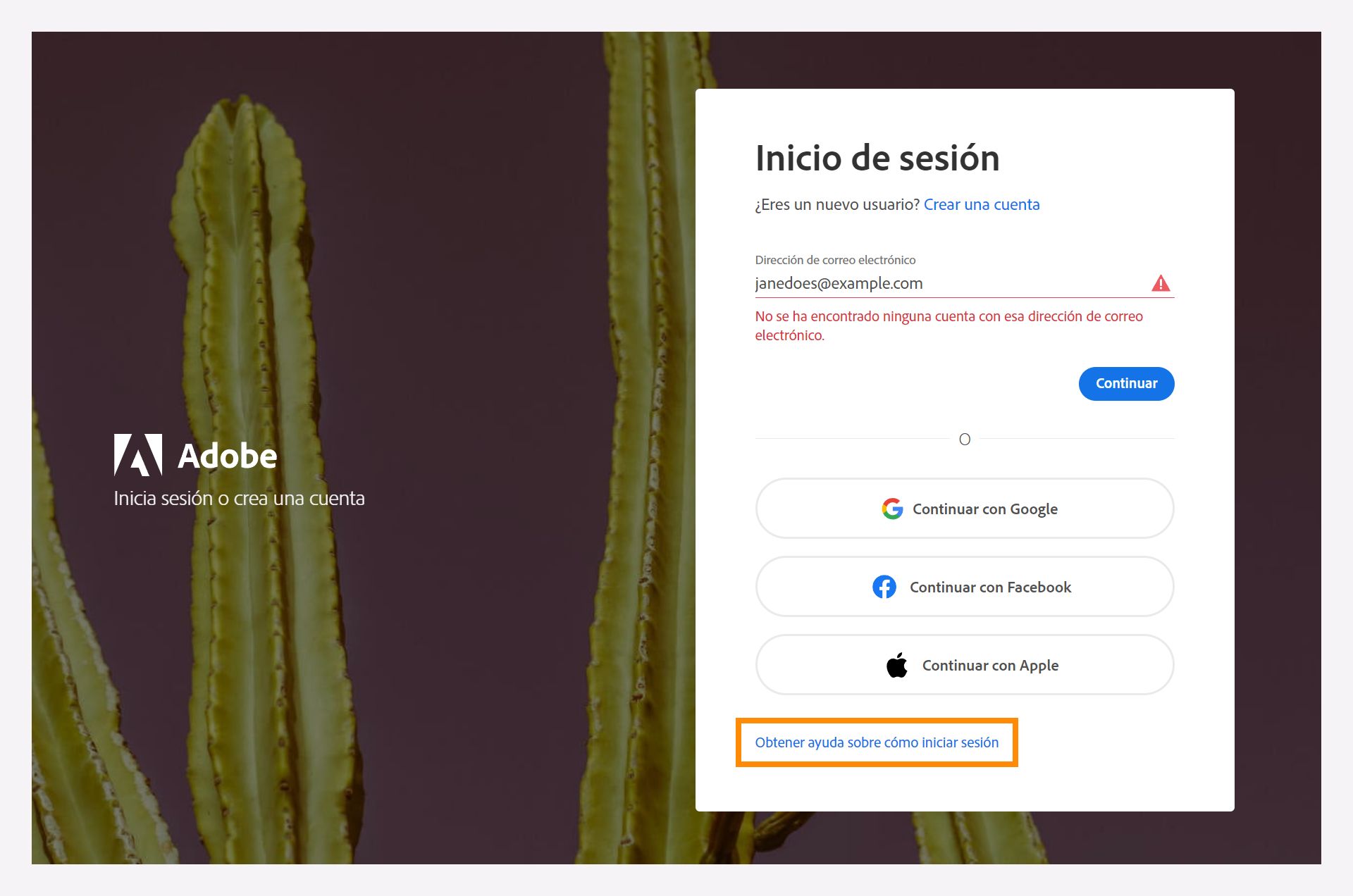 Seleccione la opción Obtener ayuda sobre cómo iniciar sesión para buscar su cuenta de Adobe.